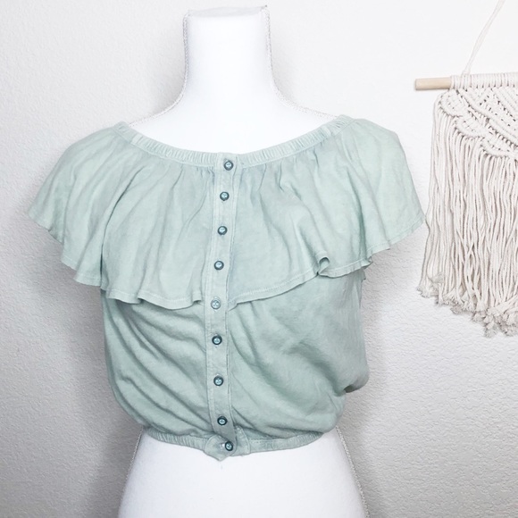 Free People Cropped Mint Boho Off Shoulder Top - Picture 1 of 6